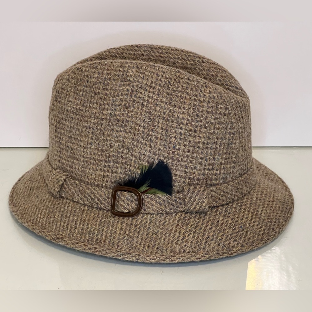Vintage Lee Wool Fedora Hat Brown Herringbone Tweed Feather Men’s Large Lined
